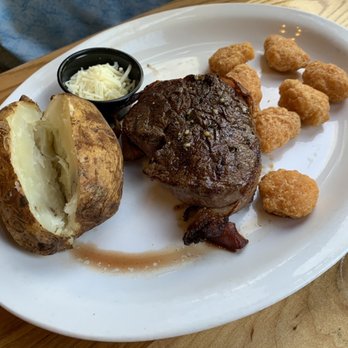 Toccoa Riverside Restaurant - Filet with corn nuggets and baked potato - Seafood Near Me - Blue Ridge, Georgia Toccoa Riverside Restaurant - Filet with corn nuggets and baked potato - Seafood Near Me - Blue Ridge, Georgia