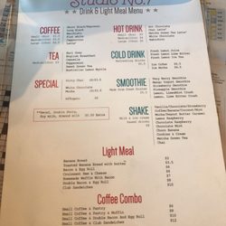 Studio no.7 Cafe - Menu page 2 drinks and light meals menu