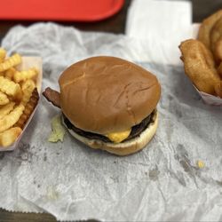Burger Express - Double cheeseburger with bacon and fries and onion rings.
