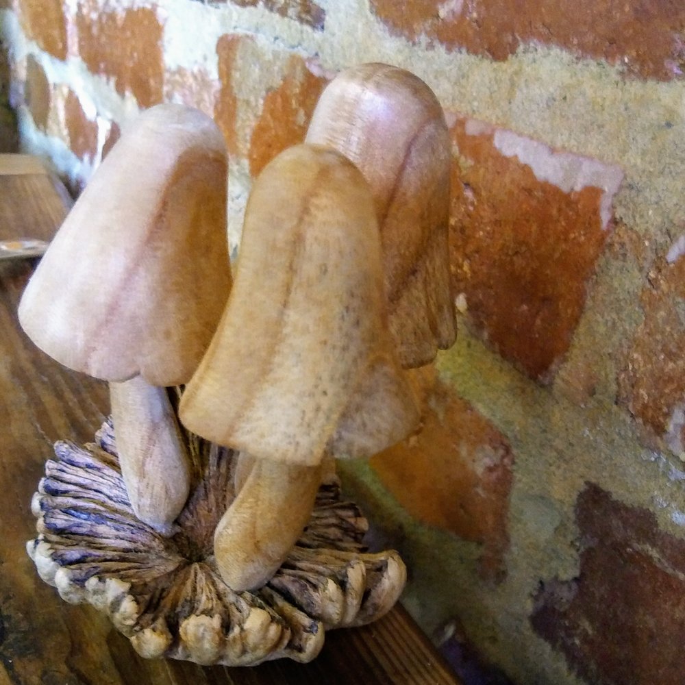 Foraged. A Hyper Seasonal Eatery - Cute wooden mushrooms at every table. - New American Near Me - Baltimore, Maryland