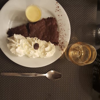 La Cheminée Royale - Chocolate cake with whipped cream and creme anglaise and a cognac. - French Near Me - Bordeaux, 33