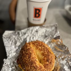 Biggby Coffee - Bacon egg and cheese on Asiago bragel