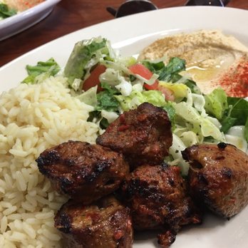 Mezzaterranean - Lamb Kebab plate with rice, lettuce, and hummus - Lebanese Near Me - Rancho Cucamonga, California