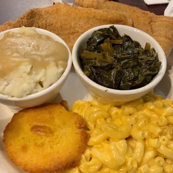 J Mae's Home Cooking - Catfish, greens,  mashed potatoes and gravy Mac & cheese, Corn bread muffin - Soul Food Near Me - Toledo, Ohio