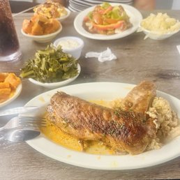 Turkey wing, dressing, sweet potatoes, collard greens, Mac and cheese, cabbage and trout Turkey wing, dressing, sweet potatoes, collard greens, Mac and cheese, cabbage and trout