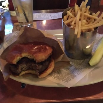 Pour House - My special order burger, plain, dry, well done and delicious. - Cocktail Bars Near Me - Oceanside, California