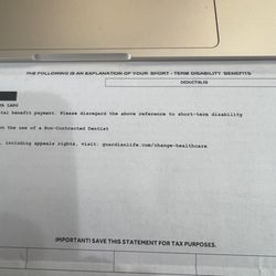 Guardian Premier Access Dental Insurance - Dental EOB that references Short Term Disability but has another statement saying to ignore reference