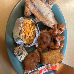 Down South Seafood - Flounder, shrimp, deviled crab, baked potato and fried corn on the cob