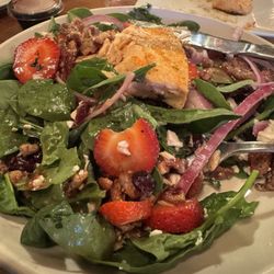 Seasonal Salad with candied pecans, strawberries, red onion, feta, dried cranberries, and a blueberry/pomegranate house dressing. 10/10!