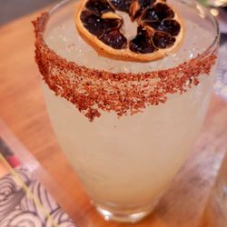 Cadillac Margarita with a tajin rim... very delicious, made by Remmi