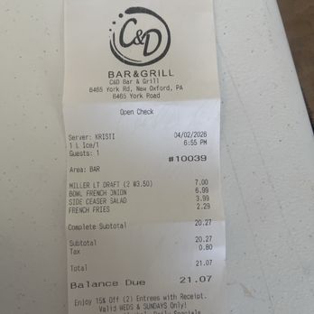 C&D Bar & Grill - Receipt from C&D's - New American Near Me - New Oxford, Pennsylvania C&D Bar & Grill - Receipt from C&D's - New American Near Me - New Oxford, Pennsylvania