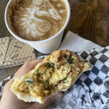 Latte with breakfast burrito