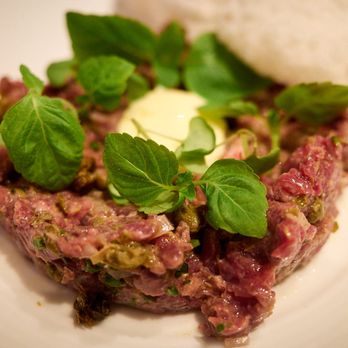 Cino - Beef tartare - Creekstone arm's filet mignon, egg yolk emulsion, capers, tapioca puff - Italian Near Me - Honolulu, Hawaii Cino - Beef tartare - Creekstone arm's filet mignon, egg yolk emulsion, capers, tapioca puff - Italian Near Me - Honolulu, Hawaii