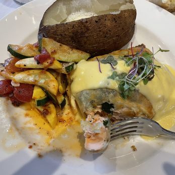 Adelina's Bistro - The salmon, Wellington, with baked potato and vegetables - New American Near Me - Nipomo, California Adelina's Bistro - The salmon, Wellington, with baked potato and vegetables - New American Near Me - Nipomo, California