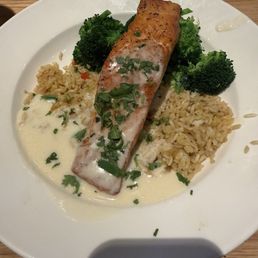 Salmon was good. Sauce too sweet. Broccoli over cooked.