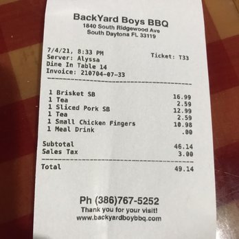 Backyard Boys Bar-B-Que - Look at our receipt & we waited over 30 min to get this food. My opinion overpriced food and poor quality. - Barbeque Near Me - South Daytona, Florida Backyard Boys Bar-B-Que - Look at our receipt & we waited over 30 min to get this food. My opinion overpriced food and poor quality. - Barbeque Near Me - South Daytona, Florida