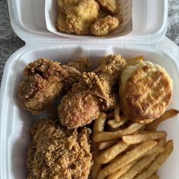 3pcs Dark Meat, fries, chicken nuggets, and biscuit