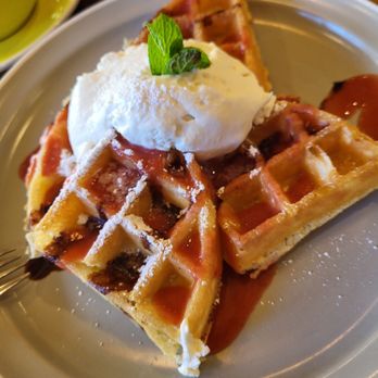 Poached Kitchen - Classic waffle with vanilla creme fraiche and strawberry drizzle. - Coffee & Tea Near Me - Anaheim, California