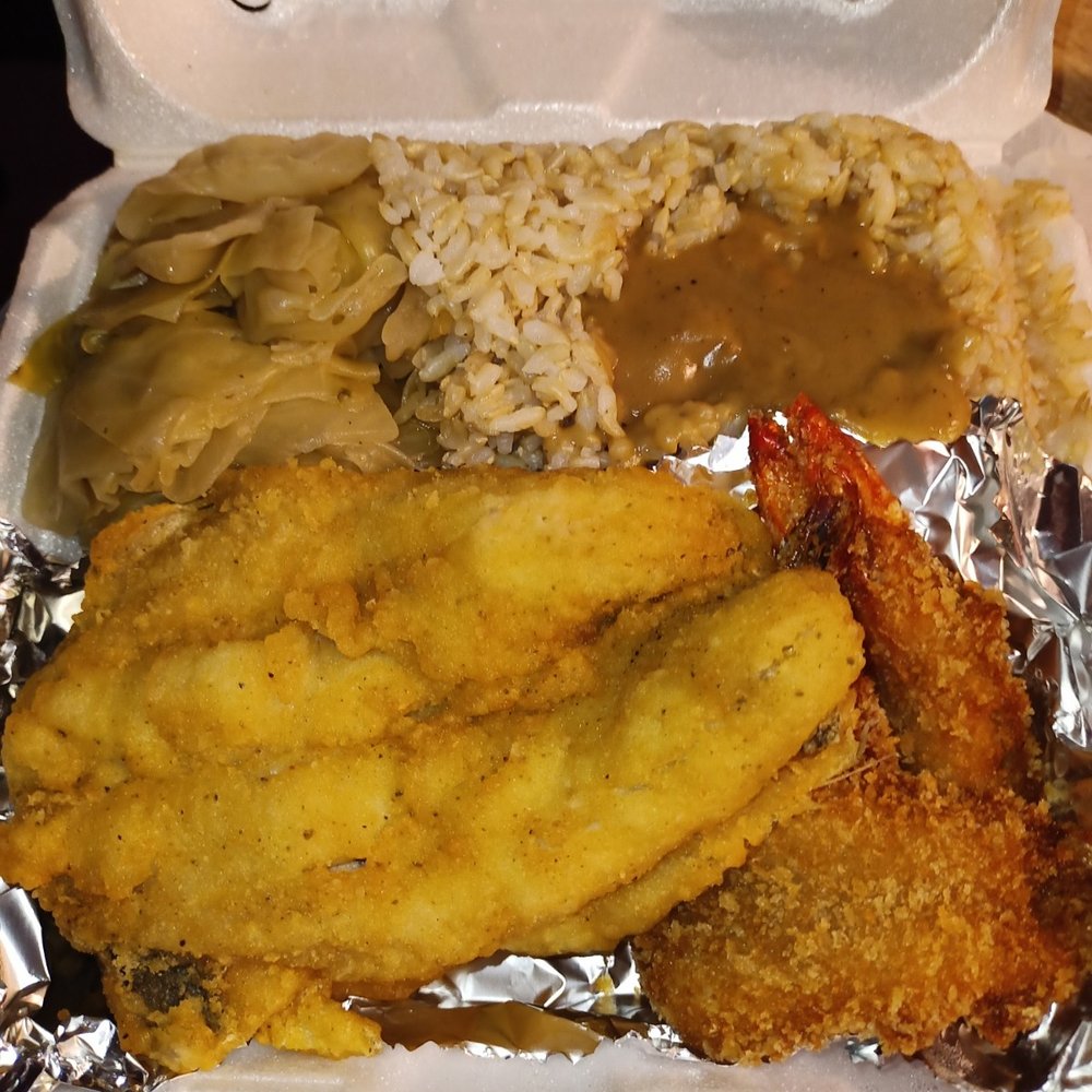 Fried Whiting Platter. The platter came with (3 Whiting, 3 Jumbo Shrimps, Cabbage, & Brown Rice with gravy)