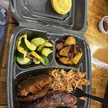 Texas Best Smokehouse - Corral Plate: Brisket, chicken (doused in sauce and mixed), & turkey (doused in sauce), mixed veggies and rosemary potatoes. - Barbeque Near Me - Henrietta, Texas Texas Best Smokehouse - Corral Plate: Brisket, chicken (doused in sauce and mixed), & turkey (doused in sauce), mixed veggies and rosemary potatoes. - Barbeque Near Me - Henrietta, Texas