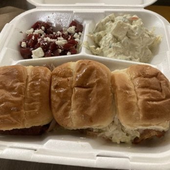 Captains BBQ - Triple sliders with the beet and cheese salad and potato salad. All awesome! - Barbeque Near Me - Palm Coast, Florida