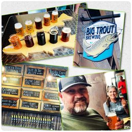 Taster flights, beer menu and outdoor signage.