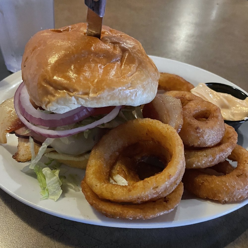 Dawsons On Main - Grilled Chicken Club Sandwich with onion rings - American Near Me - Indianapolis, Indiana