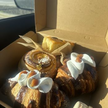Poore Man Bakery - salted caramel and chocolate ganache croissants, a lemon macaron, the orange upside down cake, and the turmeric scroll - Bakeries Near Me - Pacifica, California