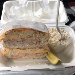 Cracked peppermill turkey,American cheese,mayo,and side of delicious potato salad and pickle A Fantastic lunch