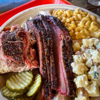 Little Miss BBQ - Two meat plate. Sliced brisket, pulled pork, Mac & cheese (amazing) and potato salad. So good! - Barbeque Near Me - Phoenix, Arizona
