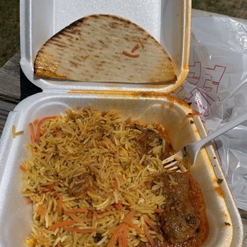 Kabul Express STL - Spicy curry beef meatballs with jasmine rice and shredded carrot with jalapeño cilantro chutney. Pita. - Afghan Near Me - St. Louis, Missouri