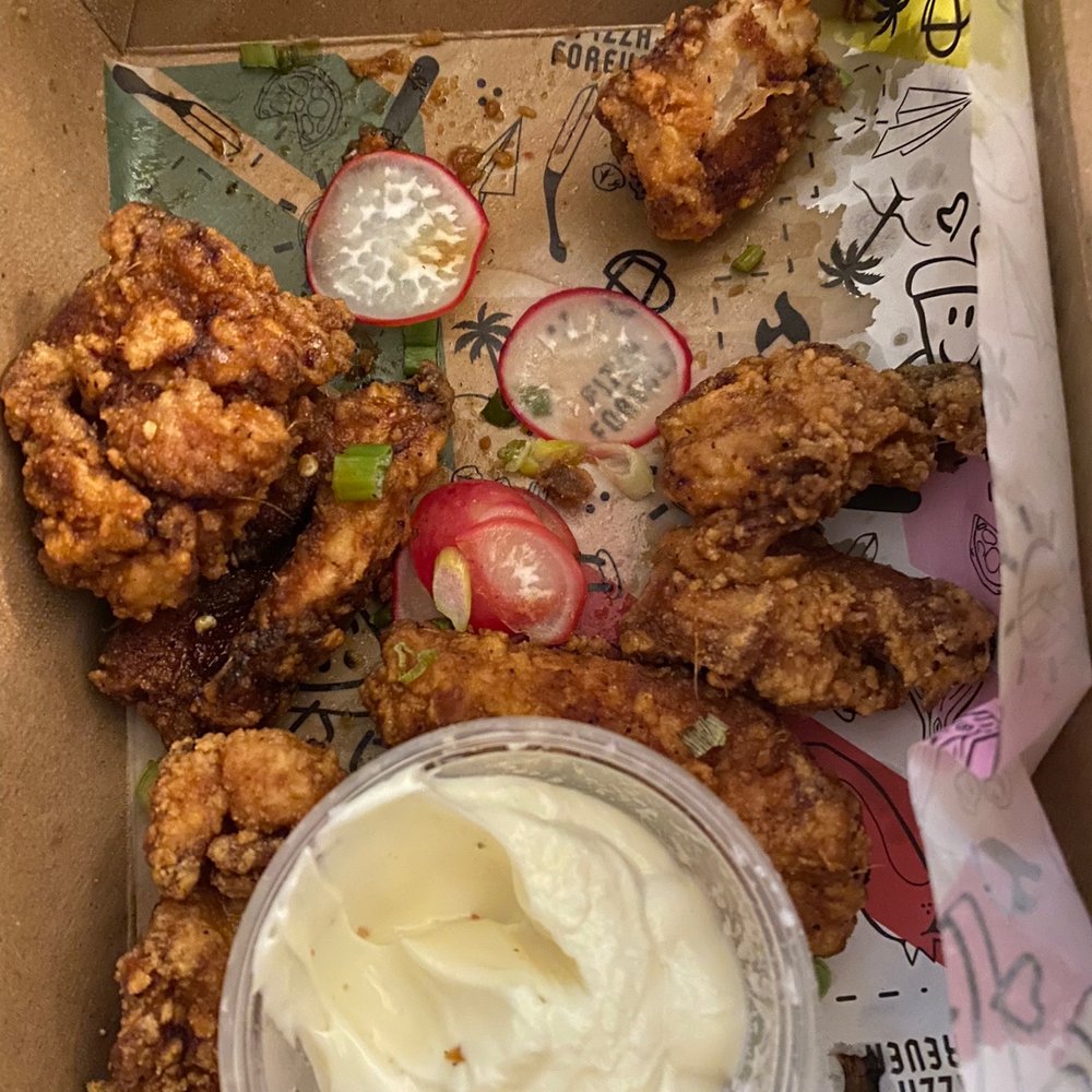 Pitfire Pizza - BONELESS WINGS GARLIC GINGER (mystery dipping sauce, might have just been Mayo honestly) - Pizza Near Me - Culver City, California Pitfire Pizza - BONELESS WINGS GARLIC GINGER (mystery dipping sauce, might have just been Mayo honestly) - Pizza Near Me - Culver City, California
