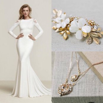 Veiled In Elegance - A form fitting luxurious crepe Pronovias gown. With illusion shoulders and custom gold hair accessories and necklace. - Bridal Near Me - Geneva, Illinois Veiled In Elegance - A form fitting luxurious crepe Pronovias gown. With illusion shoulders and custom gold hair accessories and necklace. - Bridal Near Me - Geneva, Illinois