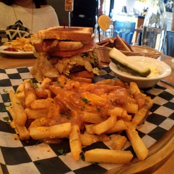 Brownstone Pancake Factory - Man v. Burger! Two grilled cheese sandwiches with a burger bacon and more cheese inside. Couldn't finish this thing!!! - Breakfast & Brunch Near Me - Edgewater, New Jersey