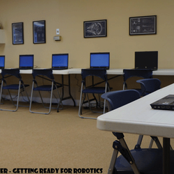 Computers used for programing and animation with LEGO® class. Enough computers for students if they want to work independently