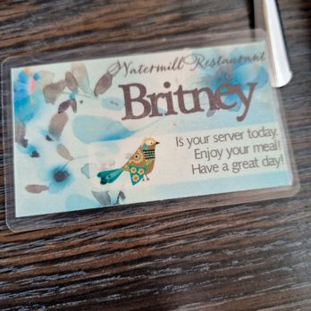 Watermill Restaurant - The person who waits on your table sits her card down in case you forget who your waitress is - American Near Me - Cave City, Kentucky Watermill Restaurant - The person who waits on your table sits her card down in case you forget who your waitress is - American Near Me - Cave City, Kentucky