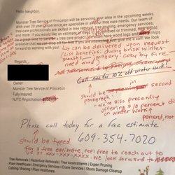 Monster Tree Service of Princeton - I don't trust any company whose letter of persuasion lacks such tact and is egregiously littered with grammatical errors.