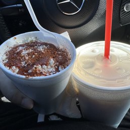 Elote in a cup con todo and Large Tejuino con nieve de limon. Elote in a cup con todo and Large Tejuino con nieve de limon.