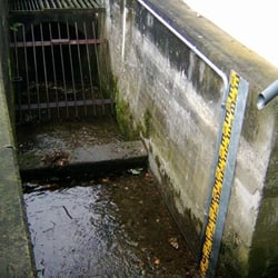 Hochwassermelder am Holthauser Bach - Neben der Wasserstandsanzeige geht der Fühler der Meldeeinrichtung in den Bach