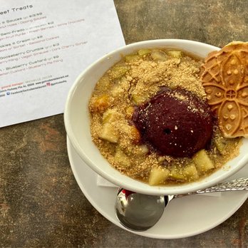 Gertrude's - Dessert menu & my Apple & Gooseberry Crumble with a pizelle and the 'piece de resistance' was the home-made Dark Cherry Sorbet. Yum - New American Near Me - Phoenix, Arizona