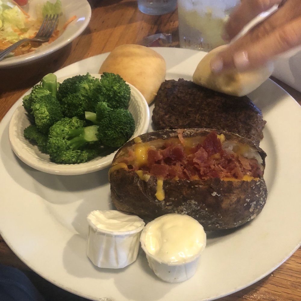 Freight House Restaurant - Angus Hamburger Steak with bacon baked potato and broccoli...,Outstanding - New American Near Me - Hartselle, Alabama Freight House Restaurant - Angus Hamburger Steak with bacon baked potato and broccoli...,Outstanding - New American Near Me - Hartselle, Alabama