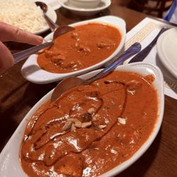 Bay Leaf - Butter chicken in front, and  shrimp tikka masala in back. Also mint chutney.