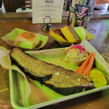 Prohibition Pig - Smoked brisket, cornbread, roll, and pickled Veg - Breweries Near Me - Waterbury, Vermont Prohibition Pig - Smoked brisket, cornbread, roll, and pickled Veg - Breweries Near Me - Waterbury, Vermont