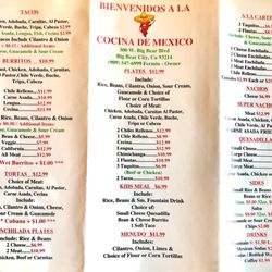 Cocina De Mexico - Menu. Prices have been updated on the menu wall. They are roughly $3 higher. Personally, I don't care. It's good.