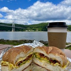 The Poughkeepsie Grind - Egg, bacon, avocado, and Swiss sandwich & 16 oz hazelnut latte.
