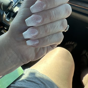 J Star Nails - Ombré French manicure with sparkle top coat coffin shaped - Nail Salons Near Me - Warren, Ohio
