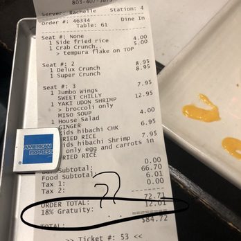 Tsunami - I've heard of gratuity being added to 8 or more but never to 2 adults and 3 children. - Sushi Bars Near Me - Columbia, South Carolina Tsunami - I've heard of gratuity being added to 8 or more but never to 2 adults and 3 children. - Sushi Bars Near Me - Columbia, South Carolina