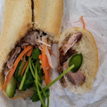 Mom's Pho & Banh Mi - Roasted pork banh me ($8). Dry meat, NO pate... and old broken sandwich - Vietnamese Near Me - Oakland, California