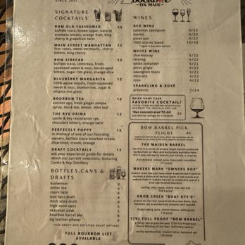 Bourbon On Main - Cocktail menu - Cocktail Bars Near Me - Frankfort, Kentucky