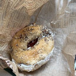 Everything bagel with cream cheese and bacon